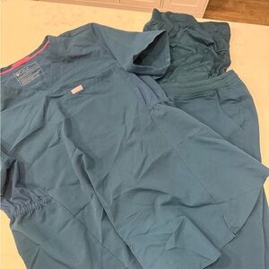 Figs Dark Green Scrub Top with Red Trim